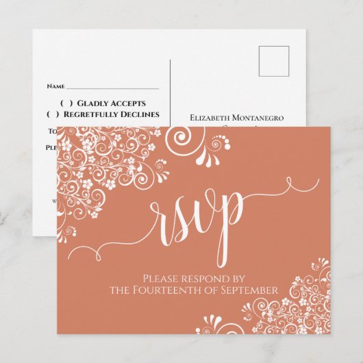 White Lace Script op Terracotta Coral Wedding RSVP Briefkaart (Voorkant / Achterkant)