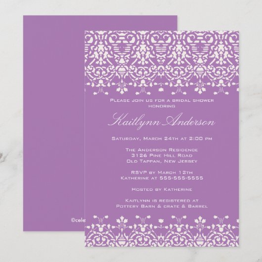 White & Lavender Damask Bridal Shower Invitation Kaart (Voorkant / Achterkant)