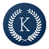 White Leafs Wreath Illustration on Navy-Blue Keramische Knop (Voorkant)