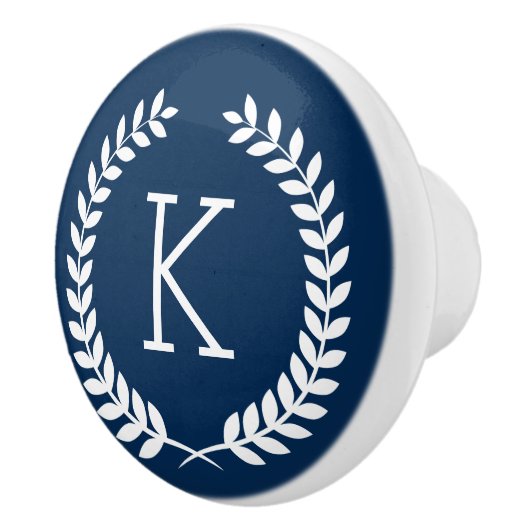 White Leafs Wreath Illustration on Navy-Blue Keramische Knop (Rechts)