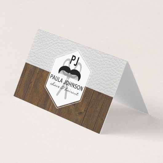 White Leather Wood Variation Barber Monogram Visitekaartjes (Voorkant)