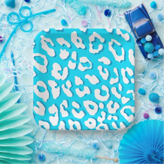 White leopard Print Light Blue Papieren Bordje (Feest)