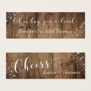 White Lights & Brown Rustic Wood Drink Tickets Mini Visitekaartjes