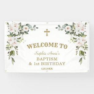 White Lilies 1st Birthday Baptism Welcome Sign Spandoek