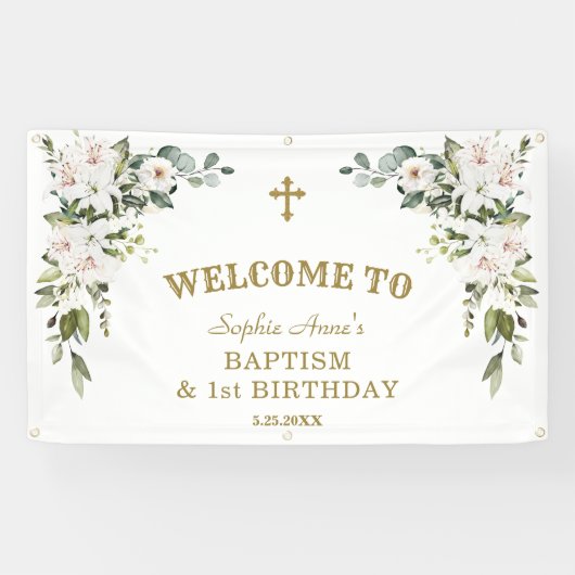 White Lilies 1st Birthday Baptism Welcome Sign Spandoek (Horizontaal)