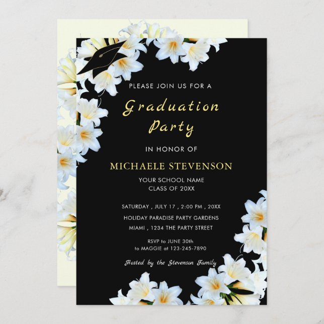 White Lilies Black Graduation Invitation Modèle (Devant / Derrière)