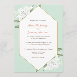 White Lilies & Mild Mint Wedding Invitation Kaart