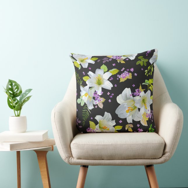 White Lilies on Black Floral Pattern Kussen (Stoel)