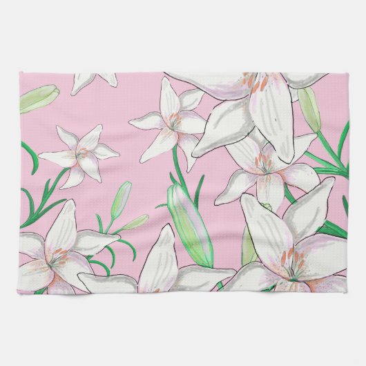 White Lillies on Pink Background Illustration Theedoek (Horizontaal)