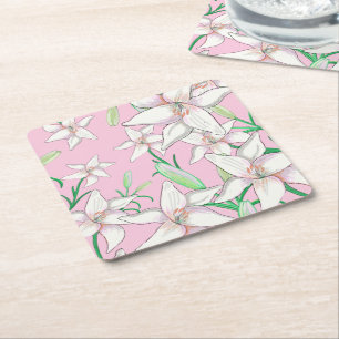White Lillies on Pink Background Illustration Vierkante Kartonnen Onderzetter