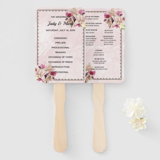 White Lily Floral Pink Marble Wedding Program Fans Handwaaier (Voorkant en achterkant)