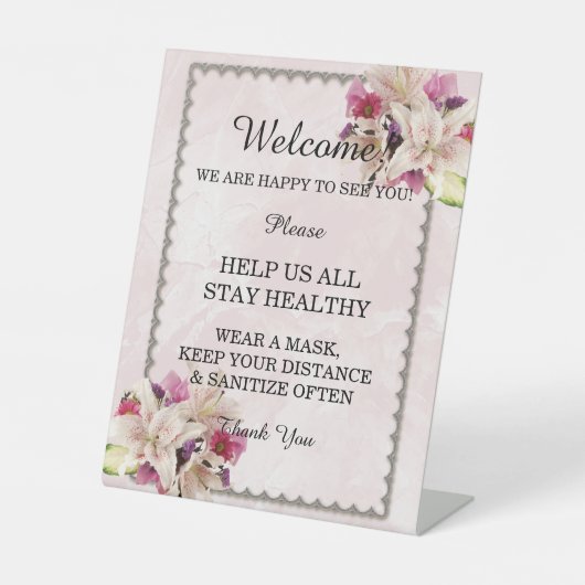 White Lily Floral Pink Marble Wedding Safety Reclamebord Met Voetstuk (Voorkant)