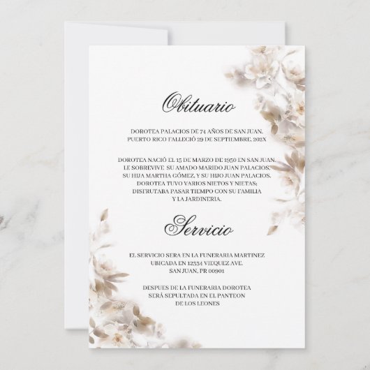 White lily obitural invitation espagnole (Dos)