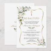 White Lily Rose Bautizo Con Flores Gold Baptism Kaart (Voorkant / Achterkant)