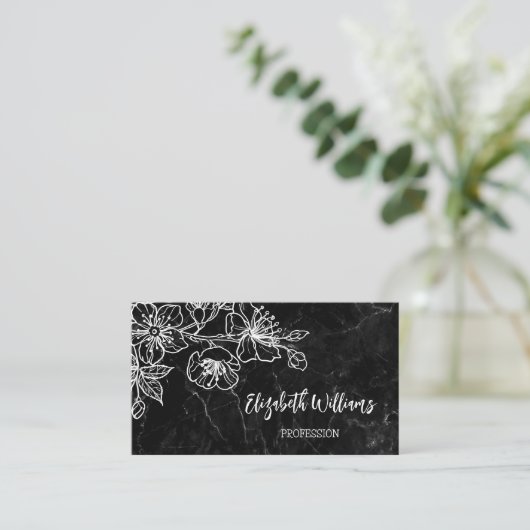 White line Art Floral Black Marmer QR Code Visitekaartje (Staand voorkant)