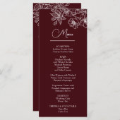 White Line Art Flowers Deep Burgundy Wedding Menu (Voorkant / Achterkant)