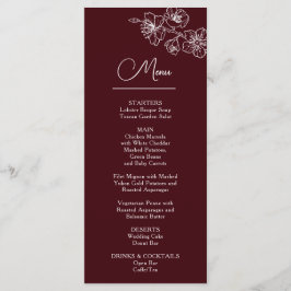 White Line Art Flowers Deep Burgundy Wedding Menu