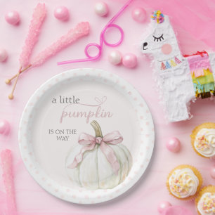 White Little Pumpkin Pink Polka Dots Baby shower Papieren Bordje