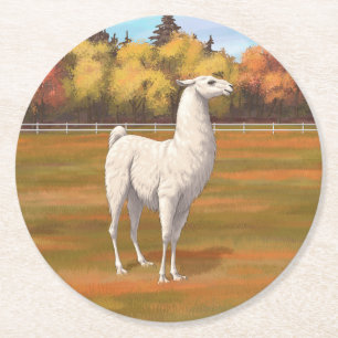White Llama in Autumn Boerderij Pasture Ronde Kartonnen Onderzetter