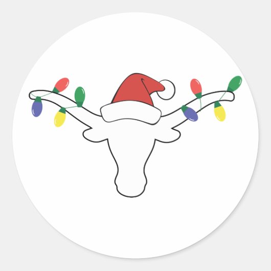 White Longhorn met kerstlampjes en Santa hat Ronde Sticker (Voorkant)