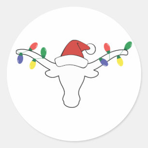 White Longhorn met kerstlampjes en Santa hat Ronde Sticker