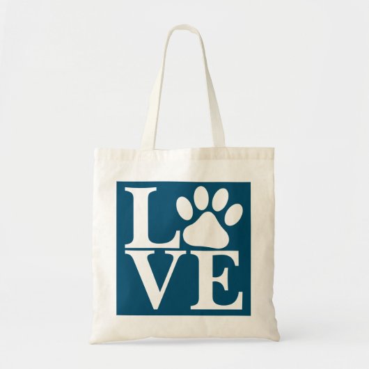 White LOVE Word Dog Paws Pattern op Dark Blauwgroe Tote Bag (Voorkant)