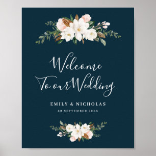 white magnolia floral blue welkomstbord poster
