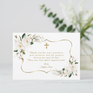 White Magnolia Floral Gold Lijst Cross Baptisme Bedankkaart