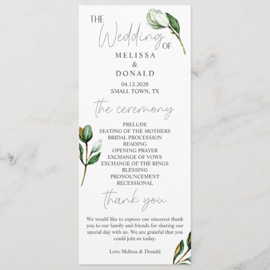 White Magnolia Floral Rustic Wedding Programme (Devant)
