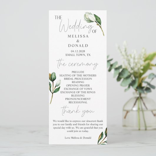 White Magnolia Floral Rustic Wedding Programme (Debout devant)