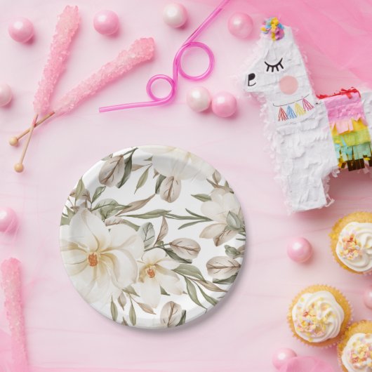 White Magnolia Floral Vrijgezellenfeest Greenery Papieren Bordje (Feest)