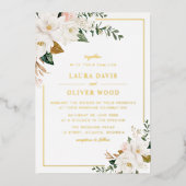 White magnolia floral wedding invitation gold (Recto)