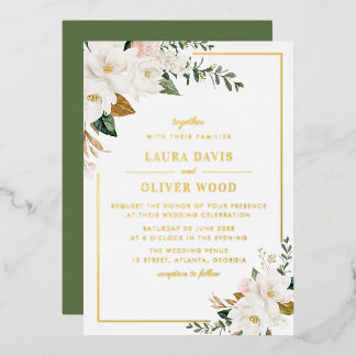 White magnolia floral wedding invitation gold