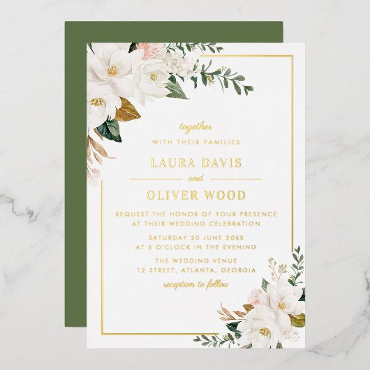 White magnolia floral wedding invitation gold (Recto/Verso)
