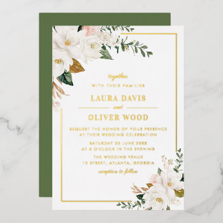 White magnolia floral wedding invitation gold folie uitnodiging