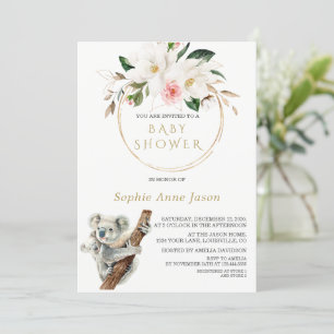 White Magnolia Gold Cute Koala Baby shower Kaart