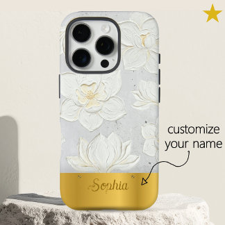 White Magnolia Painting Yellow Gold Custom Name iPhone 16 Pro Hoesje