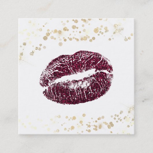 *~* White Makeup Burgundy Lips Gold Confetti Vierkante Visitekaartje (Voorkant)