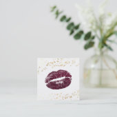 *~* White Makeup Burgundy Lips Gold Confetti Vierkante Visitekaartje (Staand voorkant)