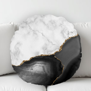 White marble Black Agate Gold Glitter Rond Kussen