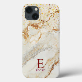 White marble chic gold glitter monogram iPhone 13 hoesje