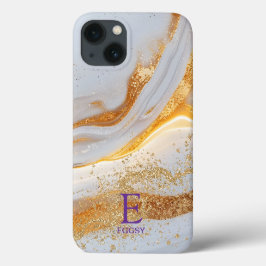 White marble chic gold glitter monogram iPhone 13 hoesje