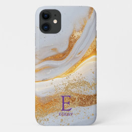 White marble chic gold glitter monogram iPhone 11 hoesje