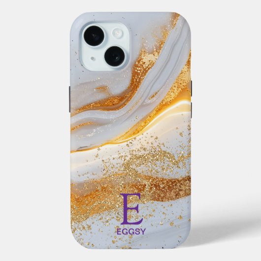 White marble chic gold glitter monogram Case-Mate iPhone case (Achterkant)