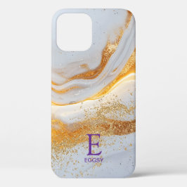 White marble chic gold glitter monogram iPhone 12 hoesje