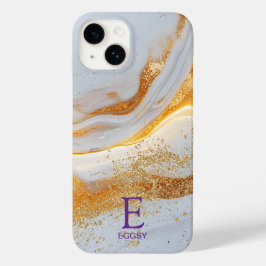 White marble chic gold glitter monogram Case-Mate iPhone 14 hoesje