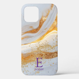 White marble chic gold glitter monogram iPhone 12 hoesje