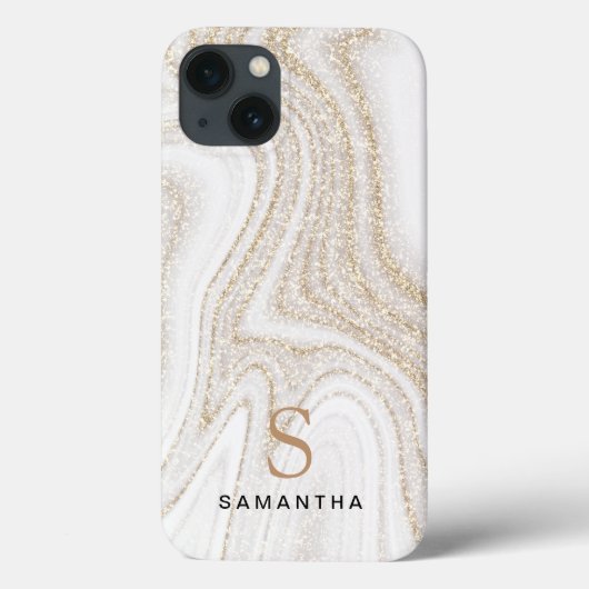 White marble chic gold glitter monogram Hoesje-Mat Case-Mate iPhone Case (Achterkant)