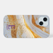 White marble chic gold glitter monogram iPhone 15 hoesje (Achterkant horizontaal)