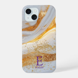 White marble chic gold glitter monogram iPhone 15 hoesje